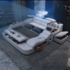 Conjunto de Móveis de Quarto Moderno Cama King em Couro Genuine Multifuncional com Massagem, Carregador, Alto-falante e Armazenamento Inteligente