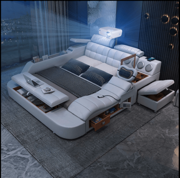 Conjunto de Móveis de Quarto Moderno Cama King em Couro Genuine Multifuncional com Massagem, Carregador, Alto-falante e Armazenamento Inteligente