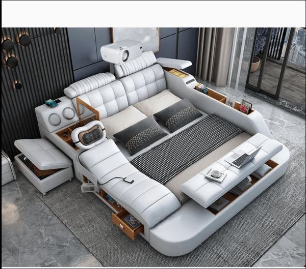 Conjunto de Móveis de Quarto Moderno Cama King em Couro Genuine Multifuncional com Massagem, Carregador, Alto-falante e Armazenamento Inteligente - Imagem 2