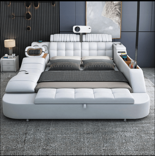 Conjunto de Móveis de Quarto Moderno Cama King em Couro Genuine Multifuncional com Massagem, Carregador, Alto-falante e Armazenamento Inteligente - Imagem 3