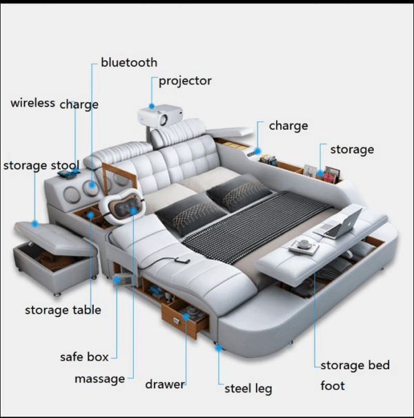 Conjunto de Móveis de Quarto Moderno Cama King em Couro Genuine Multifuncional com Massagem, Carregador, Alto-falante e Armazenamento Inteligente - Imagem 4
