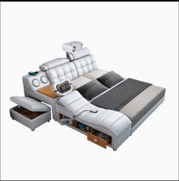 Conjunto de Móveis de Quarto Moderno Cama King em Couro Genuine Multifuncional com Massagem, Carregador, Alto-falante e Armazenamento Inteligente - Imagem 5