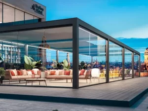 Gazebo personalizado moderno Bioclimatic motorizado alumínio grelha vidro Pergola Jardim ajustável ao ar livre 1 metro 2