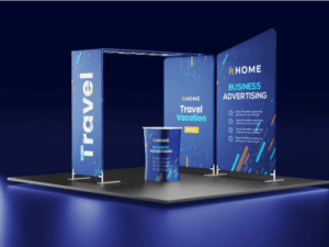 Stand de Exposição Portátil Dobrável de 3 x 3 metros em Alumínio Impresso com Sublimação Têxtil - Fácil Montagem para Feiras Comerciais