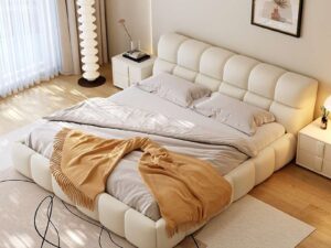 Cama King de Couro Estilo Creme com Design Moderno em Tecido Tecnológico de Luxo Leve, Cama Puff 1.8m 1.5m, Conjunto de Móveis para Quarto Principal