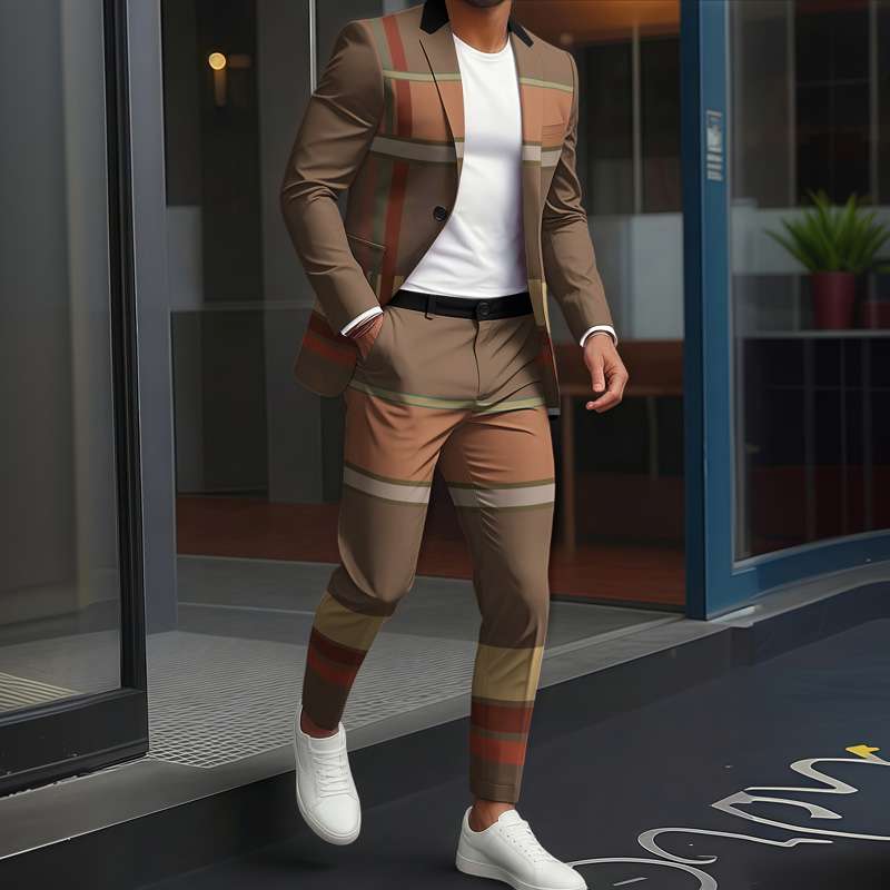Moda Masculina, Luxo Britânico, Negócios e Lazer, Jaqueta com Estampa Geométrica em Cores Contrastantes, Conjunto de Calças Longas em Duas Pecas - Imagem 2