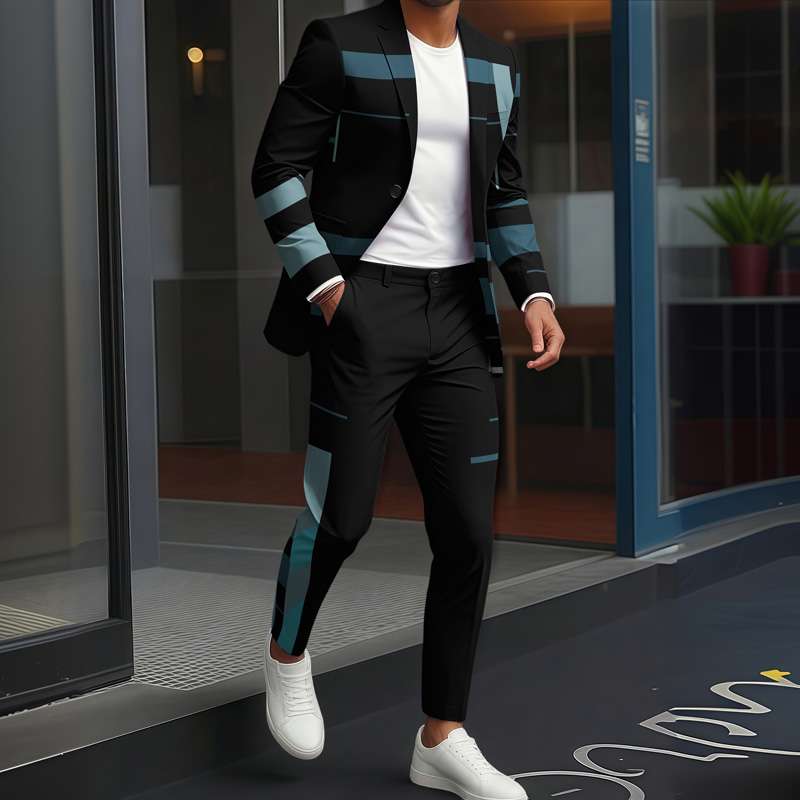 Moda Masculina, Luxo Britânico, Negócios e Lazer, Jaqueta com Estampa Geométrica em Cores Contrastantes, Conjunto de Calças Longas em Duas Pecas - Imagem 4