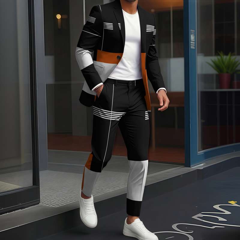 Moda Masculina, Luxo Britânico, Negócios e Lazer, Jaqueta com Estampa Geométrica em Cores Contrastantes, Conjunto de Calças Longas em Duas Pecas - Imagem 5