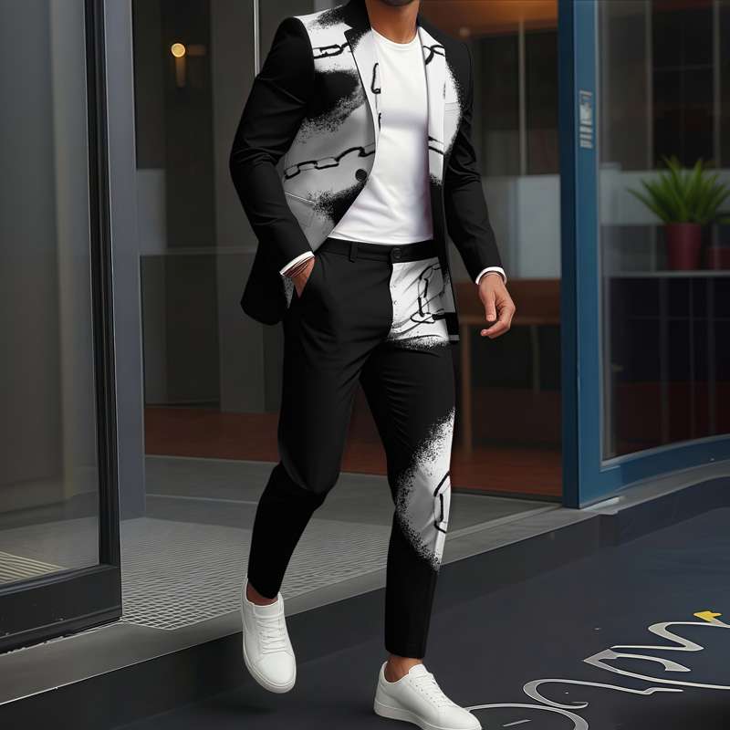 Moda Masculina, Luxo Britânico, Negócios e Lazer, Jaqueta com Estampa Geométrica em Cores Contrastantes, Conjunto de Calças Longas em Duas Pecas - Imagem 3