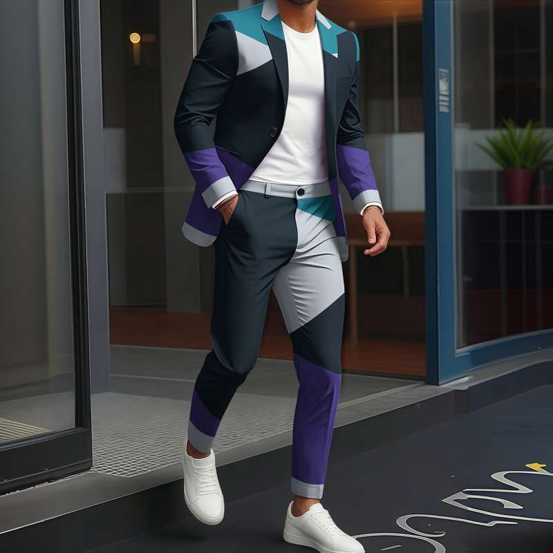 Moda Masculina, Luxo Britânico, Negócios e Lazer, Jaqueta com Estampa Geométrica em Cores Contrastantes, Conjunto de Calças Longas em Duas Pecas - Imagem 6