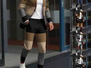Moda Masculina, Luxo Britânico, Negócios e Lazer, Jaqueta com Estampa Geométrica em Cores Contrastantes, Conjunto de Calças Longas em Duas Pecas