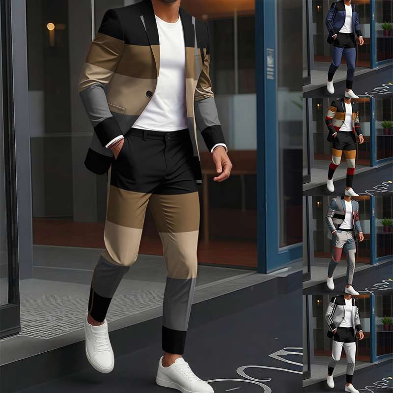 Moda Masculina, Luxo Britânico, Negócios e Lazer, Jaqueta com Estampa Geométrica em Cores Contrastantes, Conjunto de Calças Longas em Duas Pecas